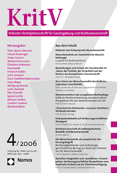 Cover der Ausgabe: KritV Kritische Vierteljahresschrift für Gesetzgebung und Rechtswissenschaft Jahrgang 89 (2006), Heft 4