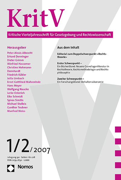 Cover der Ausgabe: KritV Kritische Vierteljahresschrift für Gesetzgebung und Rechtswissenschaft Jahrgang 90 (2007), Heft 1-2