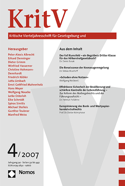 Cover der Ausgabe: KritV Kritische Vierteljahresschrift für Gesetzgebung und Rechtswissenschaft Jahrgang 90 (2007), Heft 4