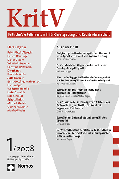 Cover der Ausgabe: KritV Kritische Vierteljahresschrift für Gesetzgebung und Rechtswissenschaft Jahrgang 91 (2008), Heft 1