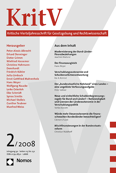 Cover der Ausgabe: KritV Kritische Vierteljahresschrift für Gesetzgebung und Rechtswissenschaft Jahrgang 91 (2008), Heft 2