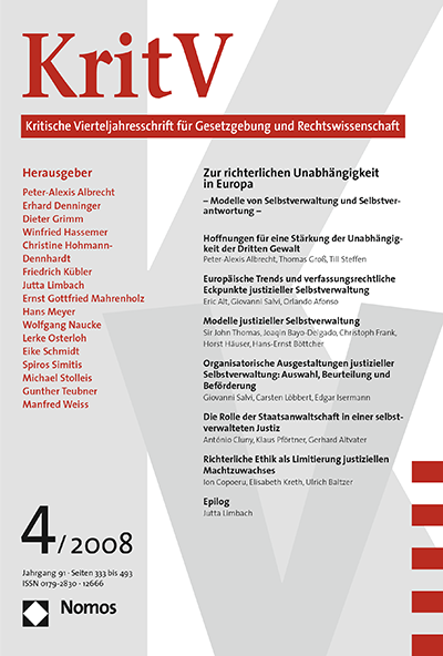 Cover der Ausgabe: KritV Kritische Vierteljahresschrift für Gesetzgebung und Rechtswissenschaft Jahrgang 91 (2008), Heft 4