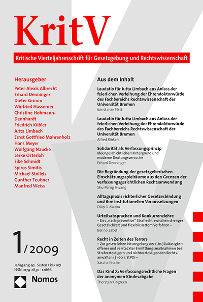 Cover der Ausgabe: KritV Kritische Vierteljahresschrift für Gesetzgebung und Rechtswissenschaft Jahrgang 92 (2009), Heft 1