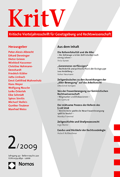 Cover der Ausgabe: KritV Kritische Vierteljahresschrift für Gesetzgebung und Rechtswissenschaft Jahrgang 92 (2009), Heft 2