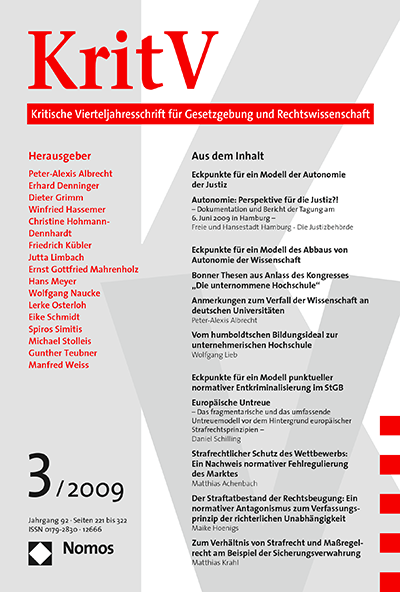 Cover der Ausgabe: KritV Kritische Vierteljahresschrift für Gesetzgebung und Rechtswissenschaft Jahrgang 92 (2009), Heft 3