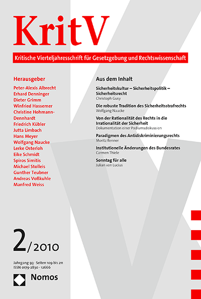 Cover der Ausgabe: KritV Kritische Vierteljahresschrift für Gesetzgebung und Rechtswissenschaft Jahrgang 93 (2010), Heft 2