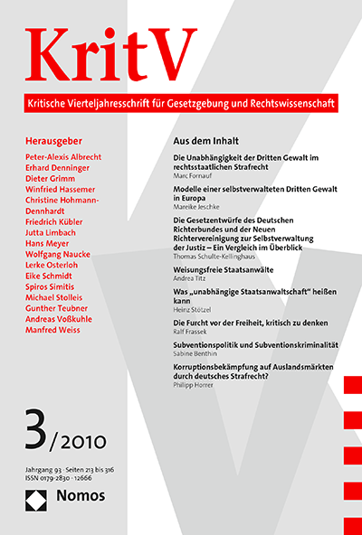 Cover der Ausgabe: KritV Kritische Vierteljahresschrift für Gesetzgebung und Rechtswissenschaft Jahrgang 93 (2010), Heft 3