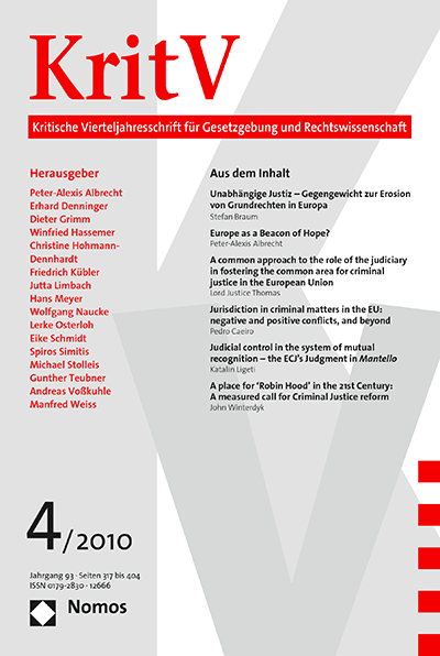 Cover der Ausgabe: KritV Kritische Vierteljahresschrift für Gesetzgebung und Rechtswissenschaft Jahrgang 93 (2010), Heft 4