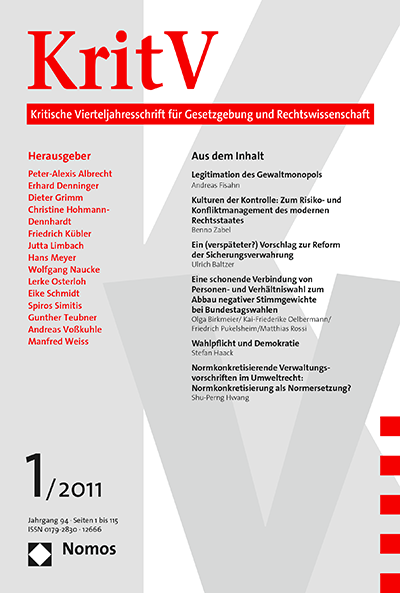 Cover der Ausgabe: KritV Kritische Vierteljahresschrift für Gesetzgebung und Rechtswissenschaft Jahrgang 94 (2011), Heft 1