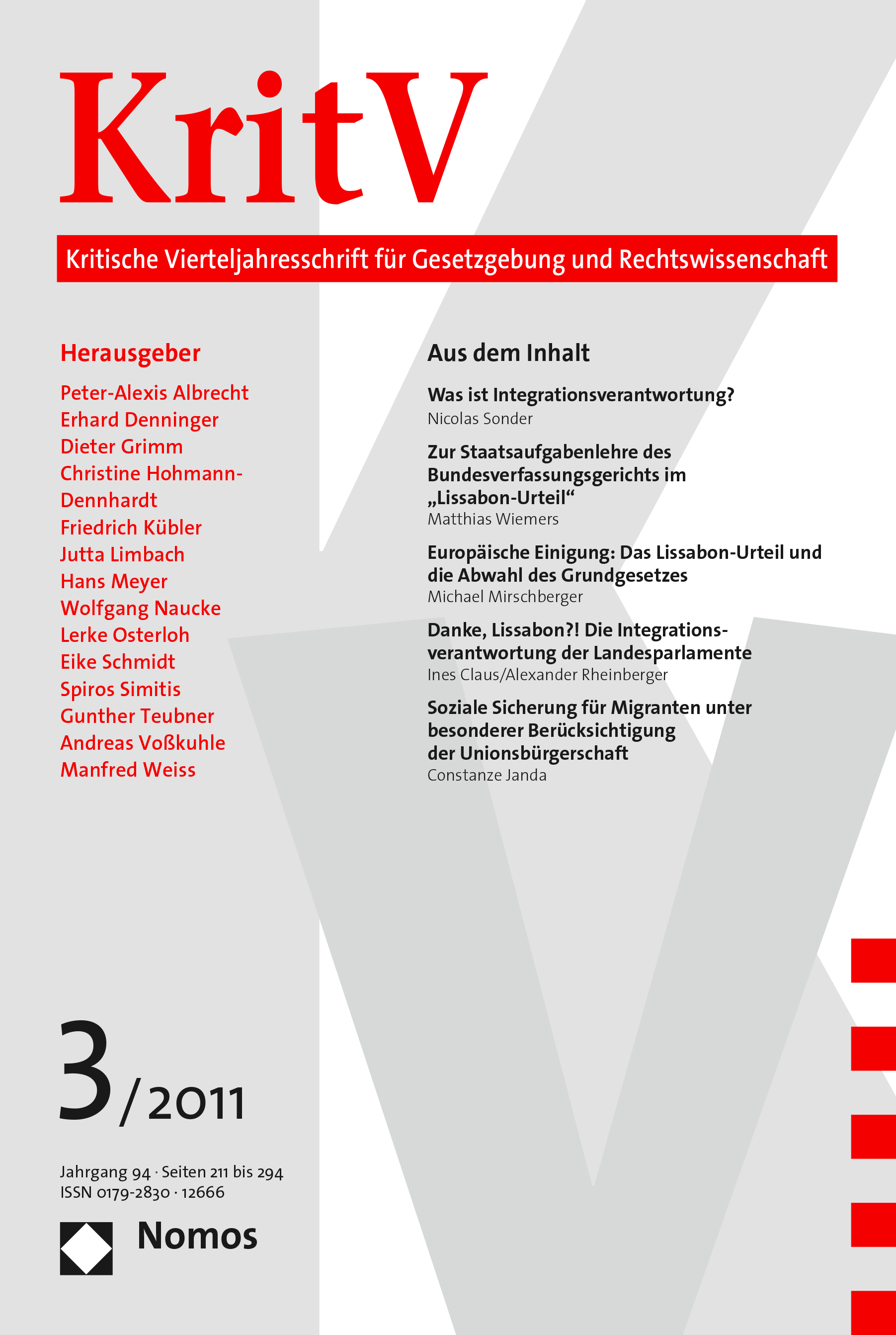 Cover der Ausgabe: KritV Kritische Vierteljahresschrift für Gesetzgebung und Rechtswissenschaft Jahrgang 94 (2011), Heft 3