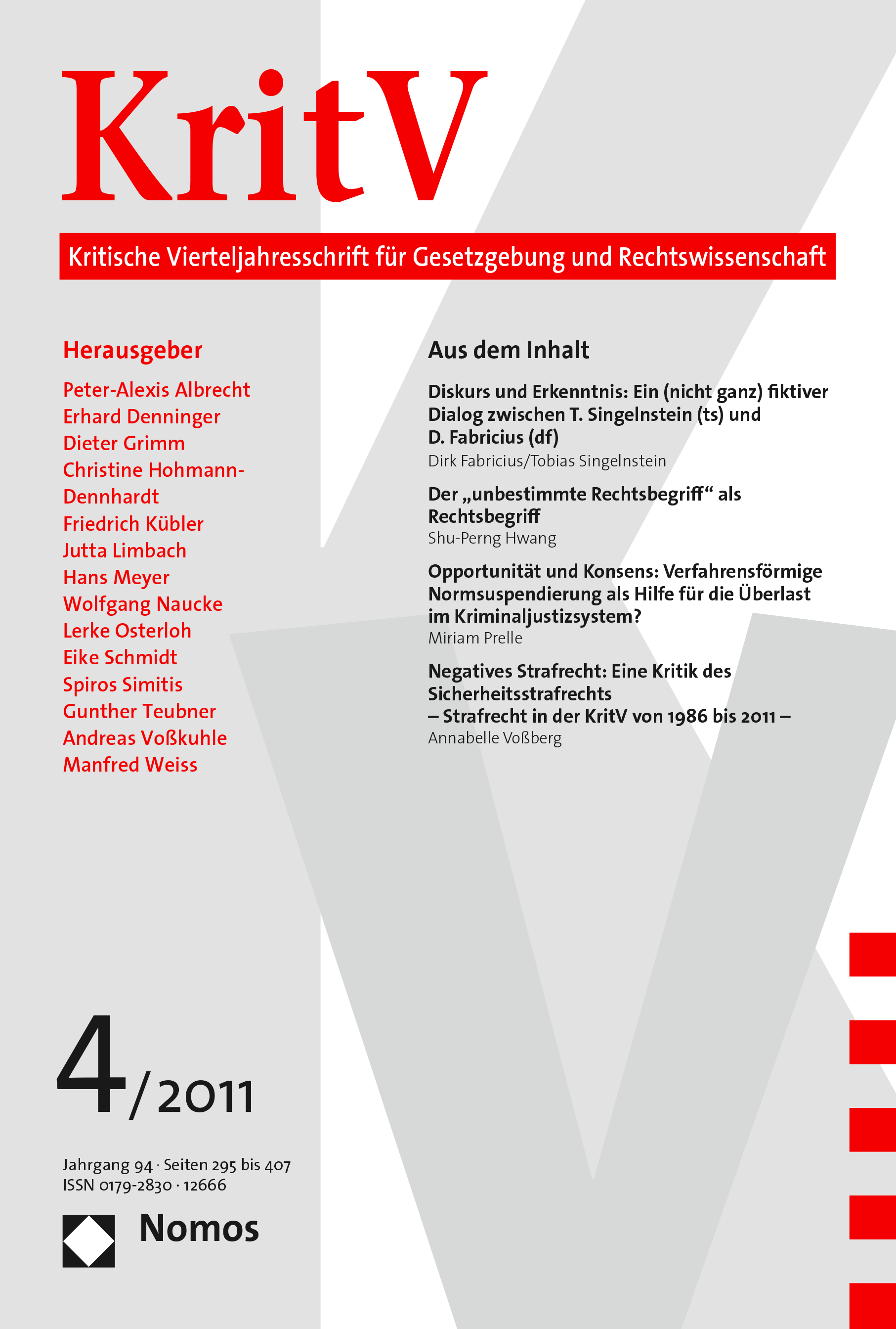 Cover der Ausgabe: KritV Kritische Vierteljahresschrift für Gesetzgebung und Rechtswissenschaft Jahrgang 94 (2011), Heft 4