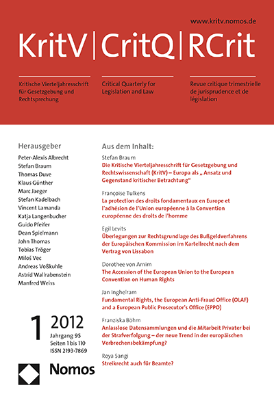 Cover der Ausgabe: KritV Kritische Vierteljahresschrift für Gesetzgebung und Rechtswissenschaft Jahrgang 95 (2012), Heft 1