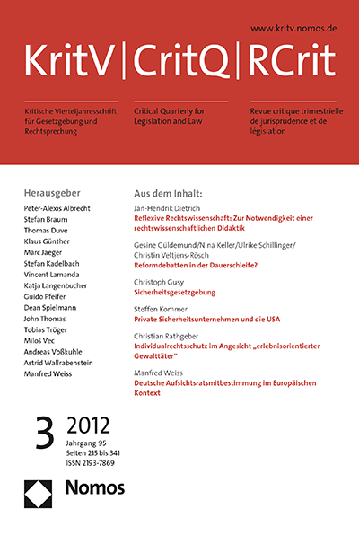 Cover der Ausgabe: KritV Kritische Vierteljahresschrift für Gesetzgebung und Rechtswissenschaft Jahrgang 95 (2012), Heft 3