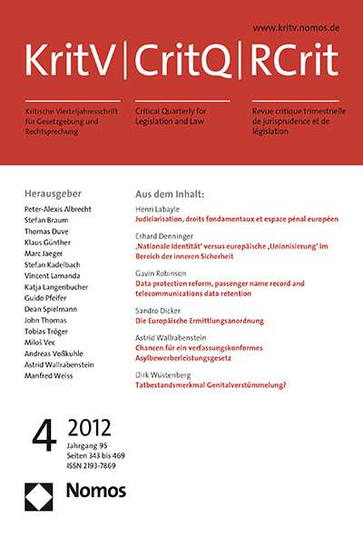 Cover der Ausgabe: KritV Kritische Vierteljahresschrift für Gesetzgebung und Rechtswissenschaft Jahrgang 95 (2012), Heft 4