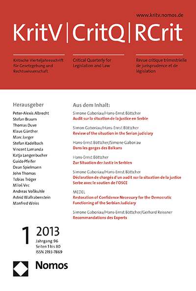 Cover der Ausgabe: KritV Kritische Vierteljahresschrift für Gesetzgebung und Rechtswissenschaft Jahrgang 96 (2013), Heft 1