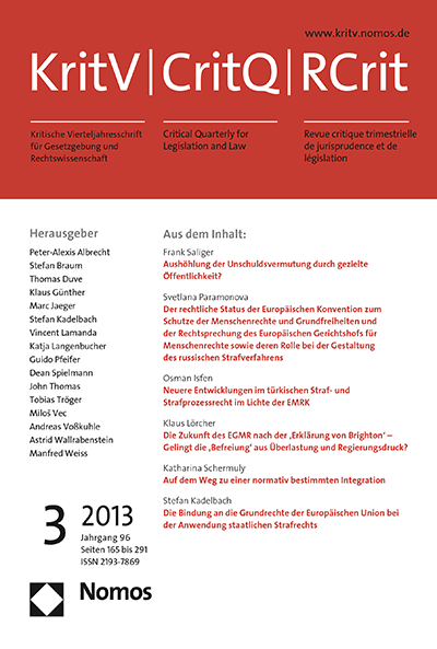 Cover der Ausgabe: KritV Kritische Vierteljahresschrift für Gesetzgebung und Rechtswissenschaft Jahrgang 96 (2013), Heft 3
