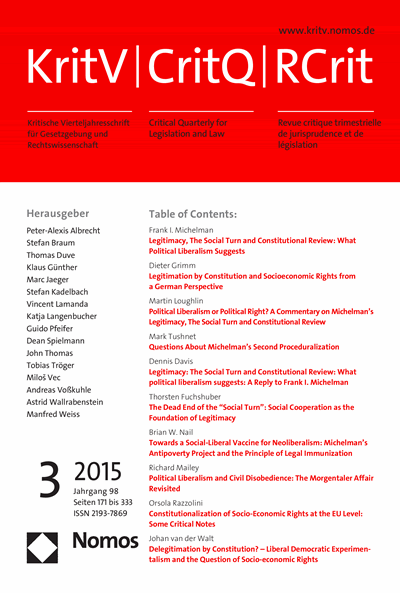 Cover der Ausgabe: KritV Kritische Vierteljahresschrift für Gesetzgebung und Rechtswissenschaft Jahrgang 98 (2015), Heft 3