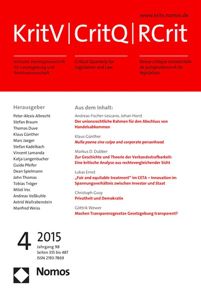 Cover der Ausgabe: KritV Kritische Vierteljahresschrift für Gesetzgebung und Rechtswissenschaft Jahrgang 98 (2015), Heft 4