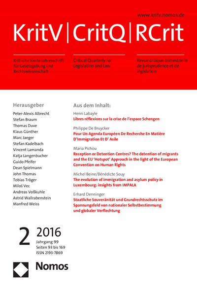 Cover der Ausgabe: KritV Kritische Vierteljahresschrift für Gesetzgebung und Rechtswissenschaft Jahrgang 99 (2016), Heft 2