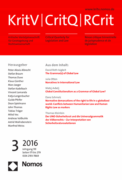Cover der Ausgabe: KritV Kritische Vierteljahresschrift für Gesetzgebung und Rechtswissenschaft Jahrgang 99 (2016), Heft 3