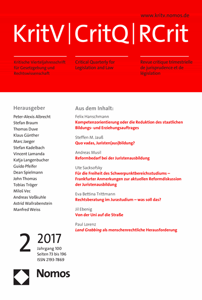 Cover der Ausgabe: KritV Kritische Vierteljahresschrift für Gesetzgebung und Rechtswissenschaft Jahrgang 100 (2017), Heft 2