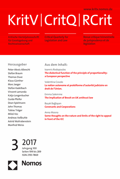 Cover der Ausgabe: KritV Kritische Vierteljahresschrift für Gesetzgebung und Rechtswissenschaft Jahrgang 100 (2017), Heft 3