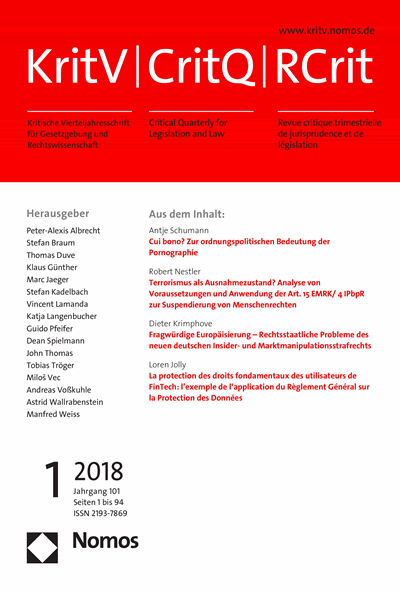 Cover der Ausgabe: KritV Kritische Vierteljahresschrift für Gesetzgebung und Rechtswissenschaft Jahrgang 101 (2018), Heft 1