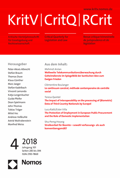 Cover der Ausgabe: KritV Kritische Vierteljahresschrift für Gesetzgebung und Rechtswissenschaft Jahrgang 101 (2018), Heft 4