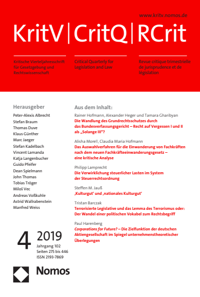 Cover der Ausgabe: KritV Kritische Vierteljahresschrift für Gesetzgebung und Rechtswissenschaft Jahrgang 102 (2019), Heft 4