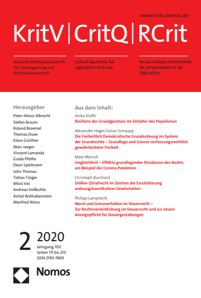 Cover der Ausgabe: KritV Kritische Vierteljahresschrift für Gesetzgebung und Rechtswissenschaft Jahrgang 103 (2020), Heft 2