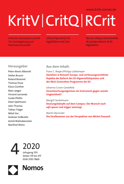 Cover der Ausgabe: KritV Kritische Vierteljahresschrift für Gesetzgebung und Rechtswissenschaft Jahrgang 103 (2020), Heft 4