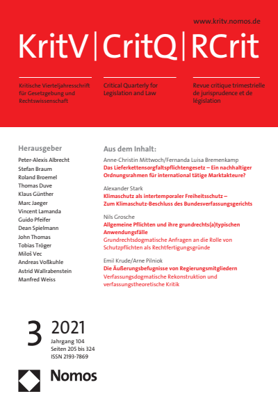 Cover der Ausgabe: KritV Kritische Vierteljahresschrift für Gesetzgebung und Rechtswissenschaft Jahrgang 104 (2021), Heft 3