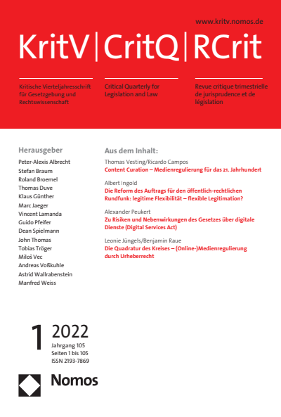 Cover der Ausgabe: KritV Kritische Vierteljahresschrift für Gesetzgebung und Rechtswissenschaft Jahrgang 105 (2022), Heft 1