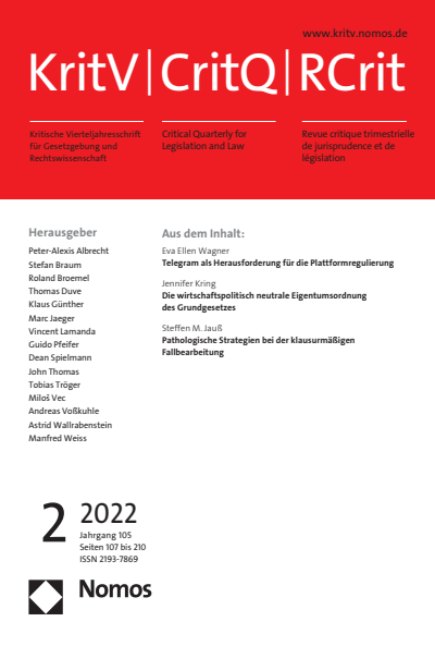 Cover der Ausgabe: KritV Kritische Vierteljahresschrift für Gesetzgebung und Rechtswissenschaft Jahrgang 105 (2022), Heft 2