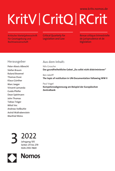 Cover der Ausgabe: KritV Kritische Vierteljahresschrift für Gesetzgebung und Rechtswissenschaft Jahrgang 105 (2022), Heft 3