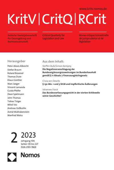 Cover der Ausgabe: KritV Kritische Vierteljahresschrift für Gesetzgebung und Rechtswissenschaft Jahrgang 106 (2023), Heft 2