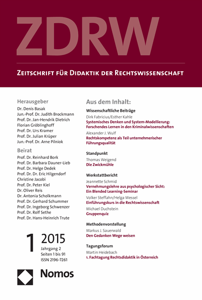 Cover der Ausgabe: ZDRW Zeitschrift für Didaktik der Rechtswissenschaft Jahrgang 2 (2015), Heft 1