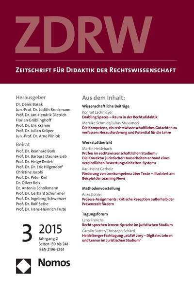 Cover der Ausgabe: ZDRW Zeitschrift für Didaktik der Rechtswissenschaft Jahrgang 2 (2015), Heft 3