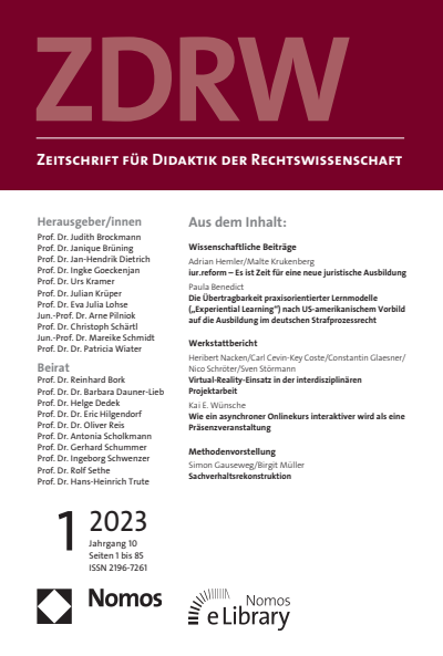Cover der Ausgabe: ZDRW Zeitschrift für Didaktik der Rechtswissenschaft Jahrgang 10 (2023), Heft 1