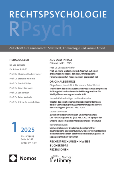 Cover der Ausgabe: RPsych Rechtspsychologie Jahrgang 11 (2025), Heft 1