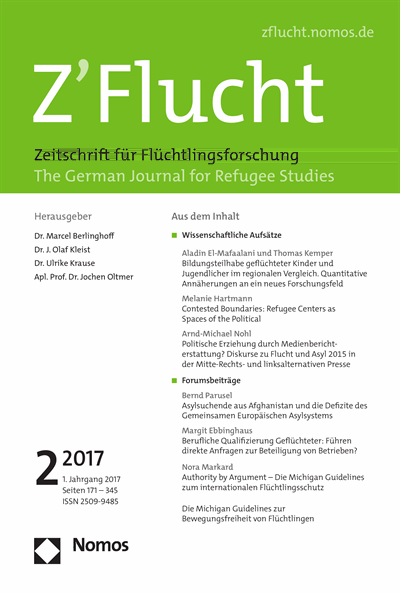 Cover der Ausgabe: Z'Flucht. Zeitschrift für Flucht- und Flüchtlingsforschung Jahrgang 1 (2017), Heft 2