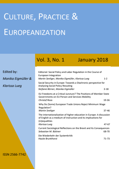 Cover der Ausgabe: Culture, Practice & Europeanization Jahrgang 3 (2018), Heft 1