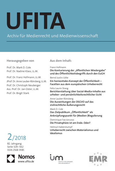 Cover der Ausgabe: UFITA Archiv für Medienrecht und Medienwissenschaft Jahrgang 82 (2018), Heft 2