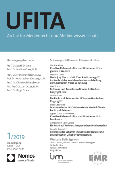 Cover der Ausgabe: UFITA Archiv für Medienrecht und Medienwissenschaft Jahrgang 83 (2019), Heft 1
