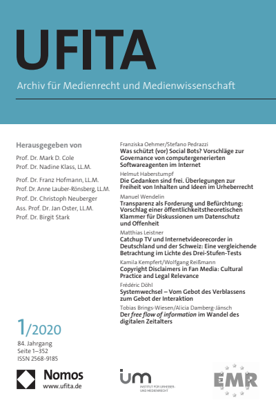 Cover der Ausgabe: UFITA Archiv für Medienrecht und Medienwissenschaft Jahrgang 84 (2020), Heft 1