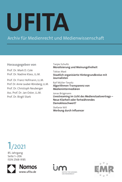Cover der Ausgabe: UFITA Archiv für Medienrecht und Medienwissenschaft Jahrgang 85 (2021), Heft 1