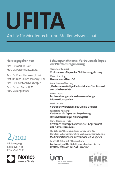Cover der Ausgabe: UFITA Archiv für Medienrecht und Medienwissenschaft Jahrgang 86 (2022), Heft 2