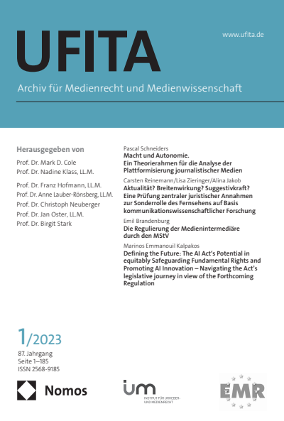 Cover der Ausgabe: UFITA Archiv für Medienrecht und Medienwissenschaft Jahrgang 87 (2023), Heft 1