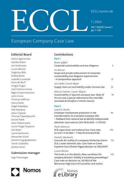 Cover der Ausgabe: European Company Case Law (ECCL) Jahrgang 1 (2023), Heft 1
